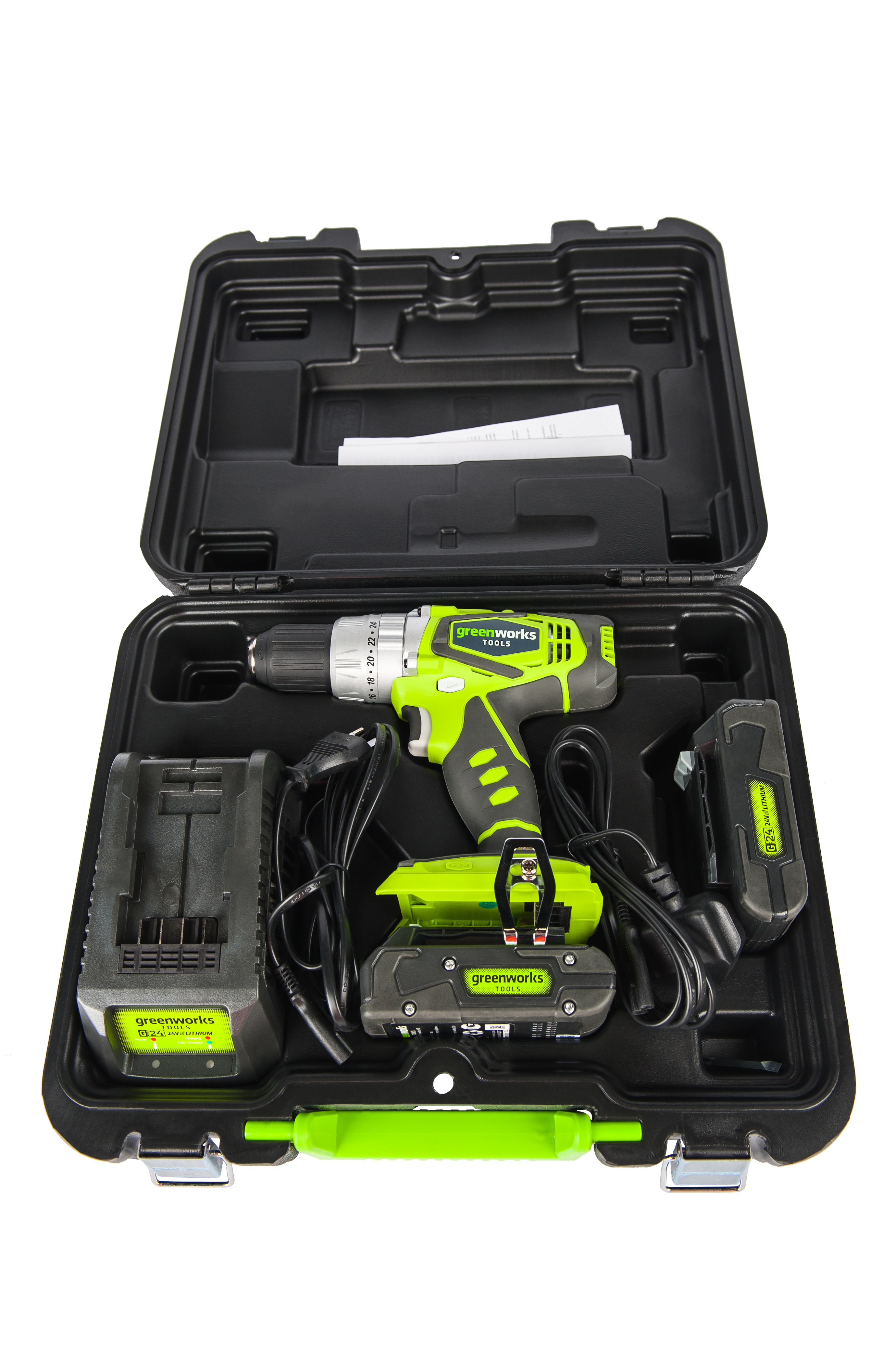 Дрель-шуруповерт аккумуляторная Greenworks G24DDK2X, 24V, c 2хАКБ 2 А.ч и ЗУ в кейсе